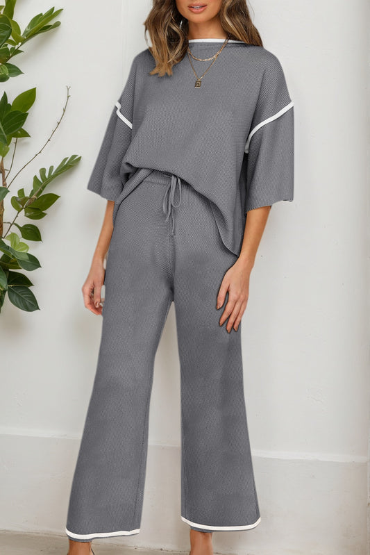 Medium Grey Contrast Trim Half Sleeve Top Drawstring Pants Loose 2pcs Sweater Suit-Two Piece Sets/Pant Sets-[Adult]-[Female]-Medium Grey-S-2022 Online Blue Zone Planet