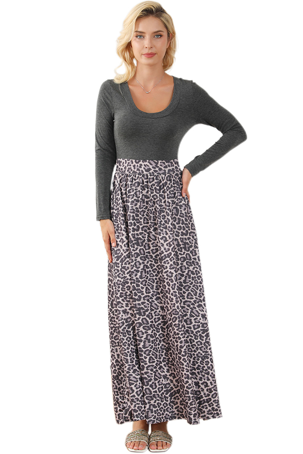 Blue Zone Planet | Black Long Sleeve Fitted Bodice Leopard Maxi Dress-TOPS / DRESSES-[Adult]-[Female]-2022 Online Blue Zone Planet