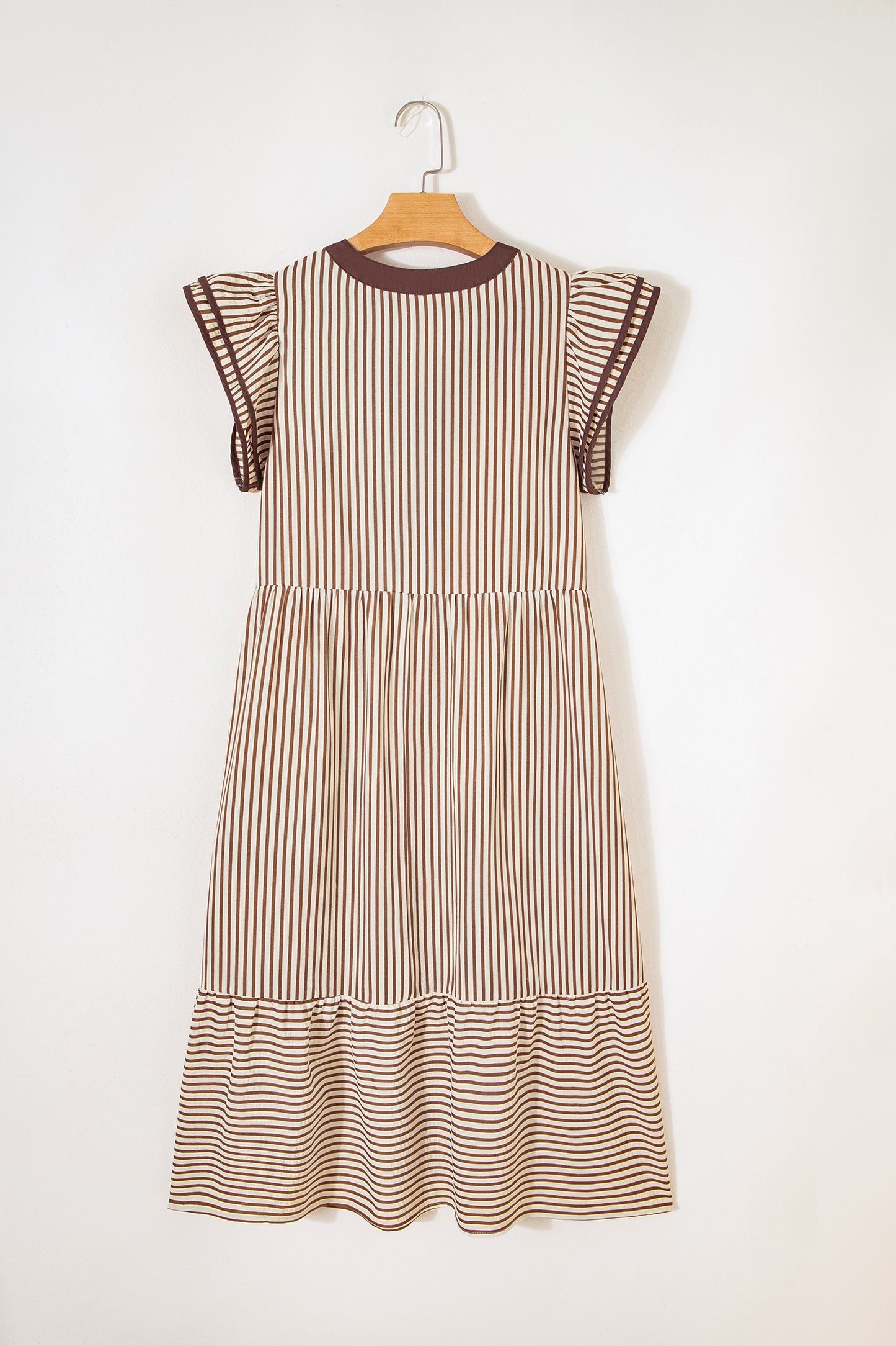 Brown Stripe Double Ruffled Short Sleeve Contrast Trim V Neck Midi Dress-TOPS / DRESSES-[Adult]-[Female]-2022 Online Blue Zone Planet