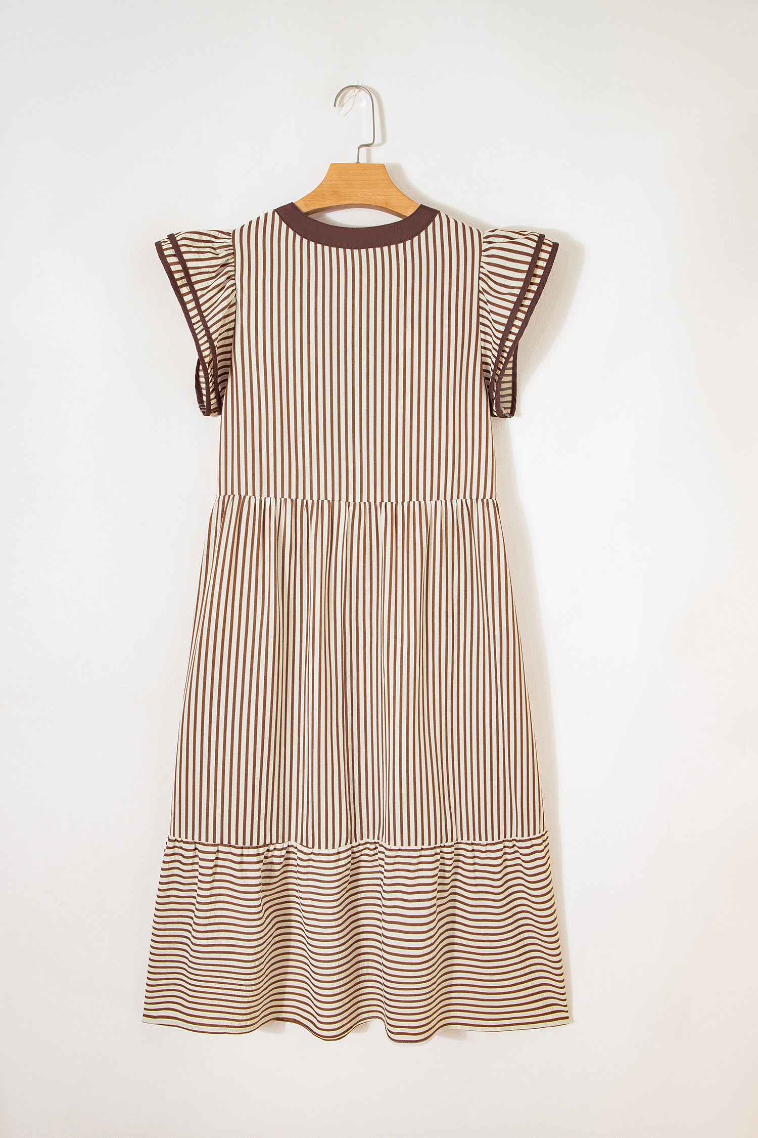 Brown Stripe Double Ruffled Short Sleeve Contrast Trim V Neck Midi Dress-TOPS / DRESSES-[Adult]-[Female]-2022 Online Blue Zone Planet