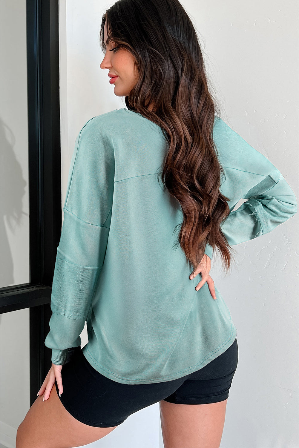 Mist Blue Mineral Wash Exposed Seam Buttoned V Neck Pullover Top-Tops/Long Sleeve Tops-[Adult]-[Female]-2022 Online Blue Zone Planet