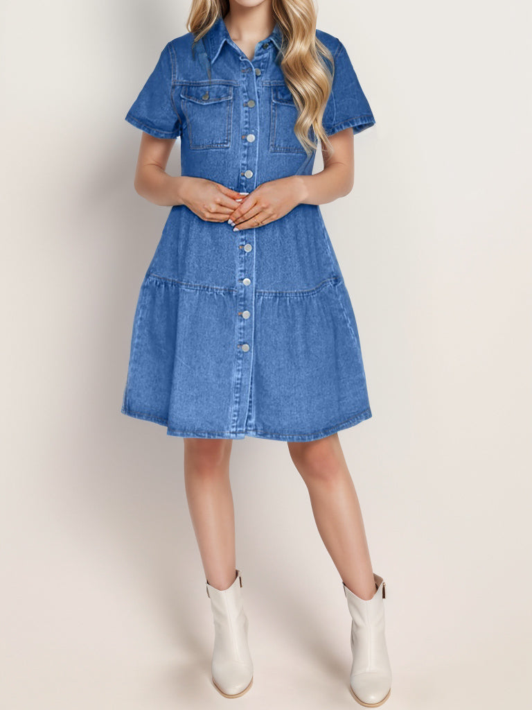 Button Up Short Sleeve Denim Dress-TOPS / DRESSES-[Adult]-[Female]-2022 Online Blue Zone Planet