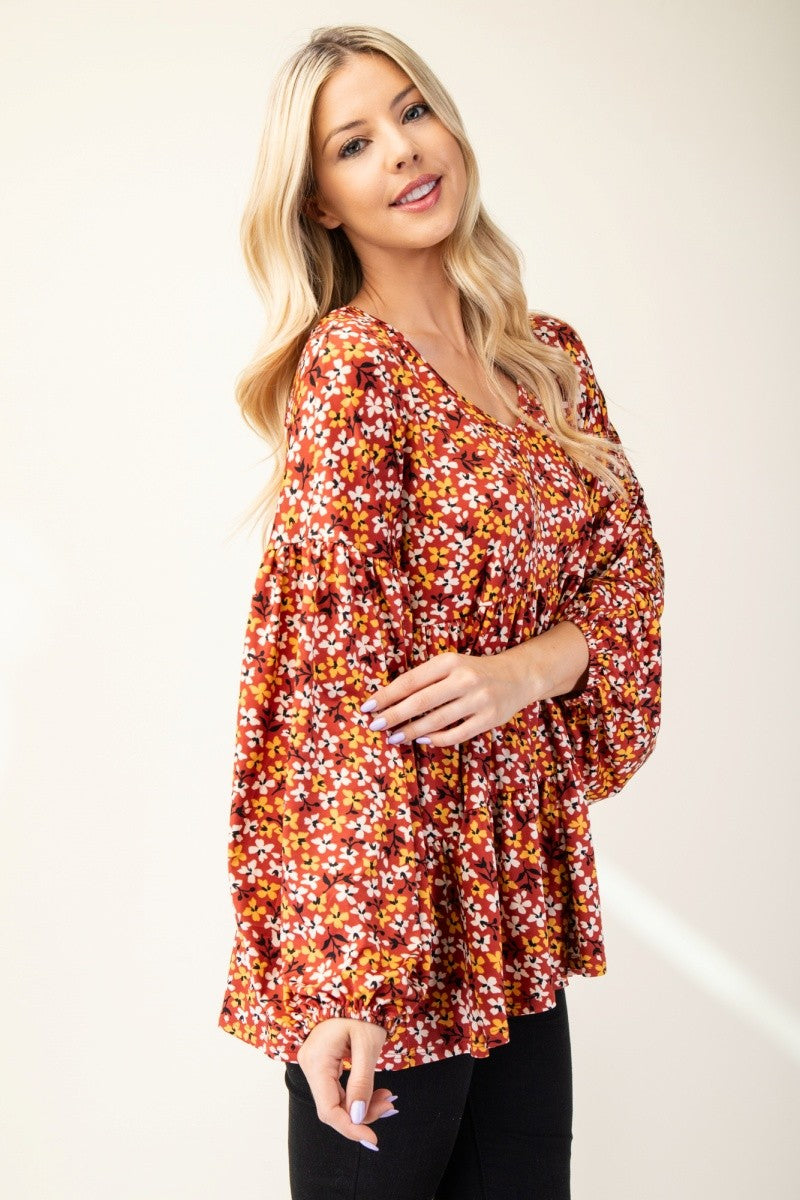 Blue Zone Planet | Celeste Full Size Floral V-Neck Balloon Sleeve Blouse-TOPS / DRESSES-[Adult]-[Female]-2022 Online Blue Zone Planet