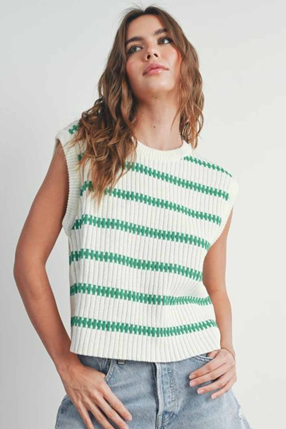 Blue Zone Planet | Bright Green Striped Sleeveless Knit Top-Short Sleeve Sweater-[Adult]-[Female]-2022 Online Blue Zone Planet