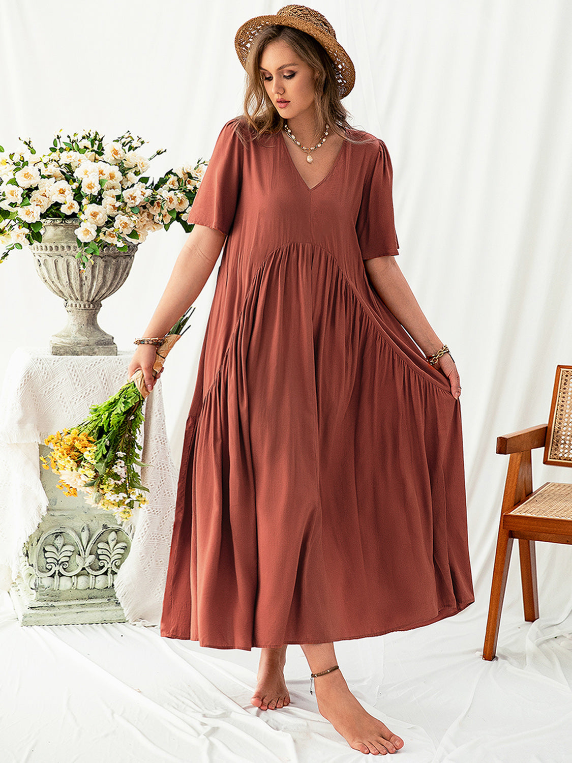 Plus Size V-Neck Flutter Sleeve Midi Dress-TOPS / DRESSES-[Adult]-[Female]-2022 Online Blue Zone Planet