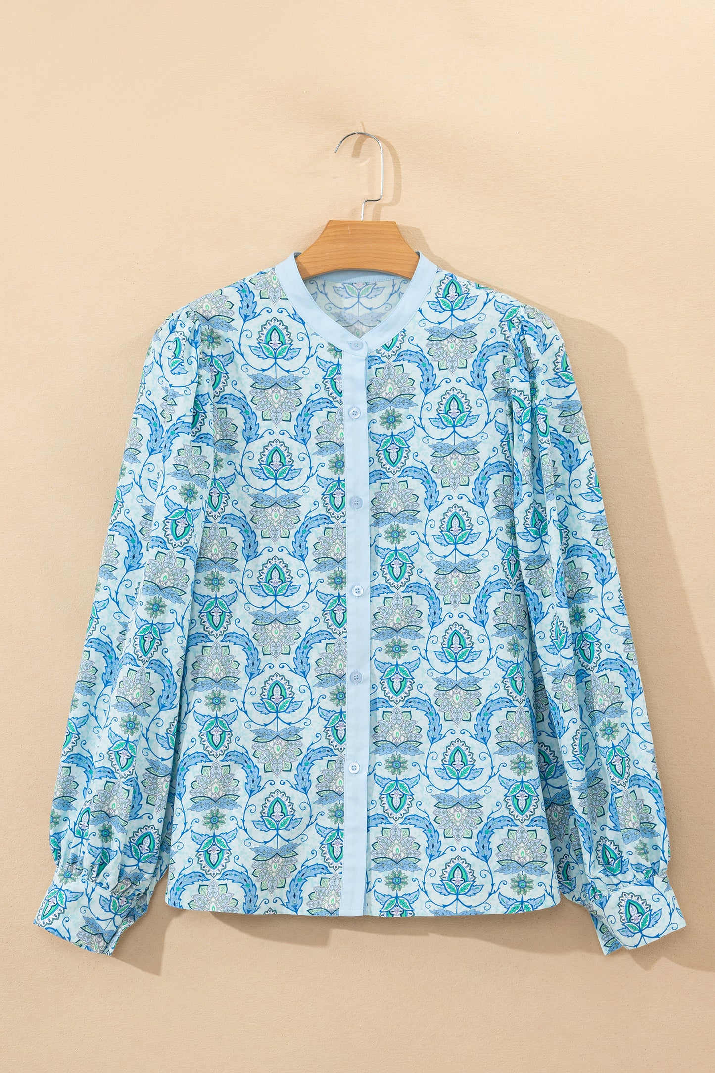 Sky Blue Paisley Print Puff Sleeve Loose Shirt-Tops/Blouses & Shirts-[Adult]-[Female]-2022 Online Blue Zone Planet