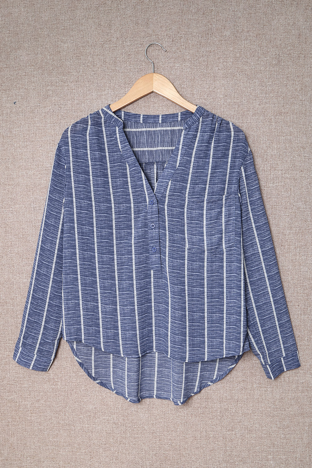 Blue Striped Print V Neck Half Buttons Loose Blouse-Tops/Blouses & Shirts-[Adult]-[Female]-2022 Online Blue Zone Planet