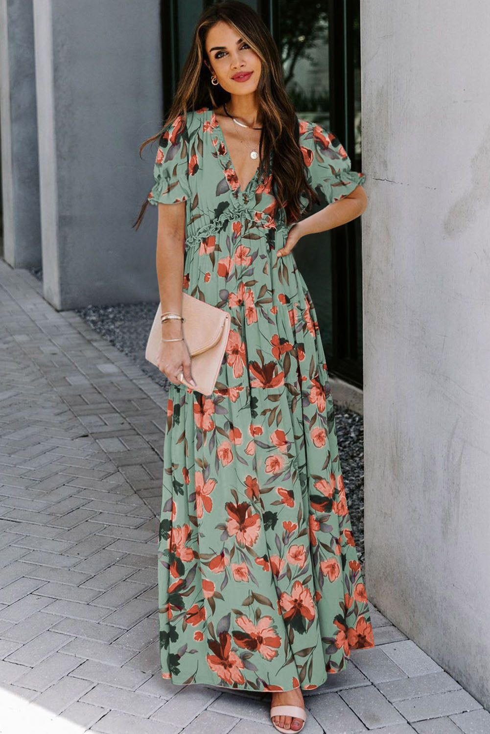 Green Fiery Floral Print Frilled V Neck Short Sleeve Maxi Dress-Dresses/Maxi Dresses-[Adult]-[Female]-2022 Online Blue Zone Planet