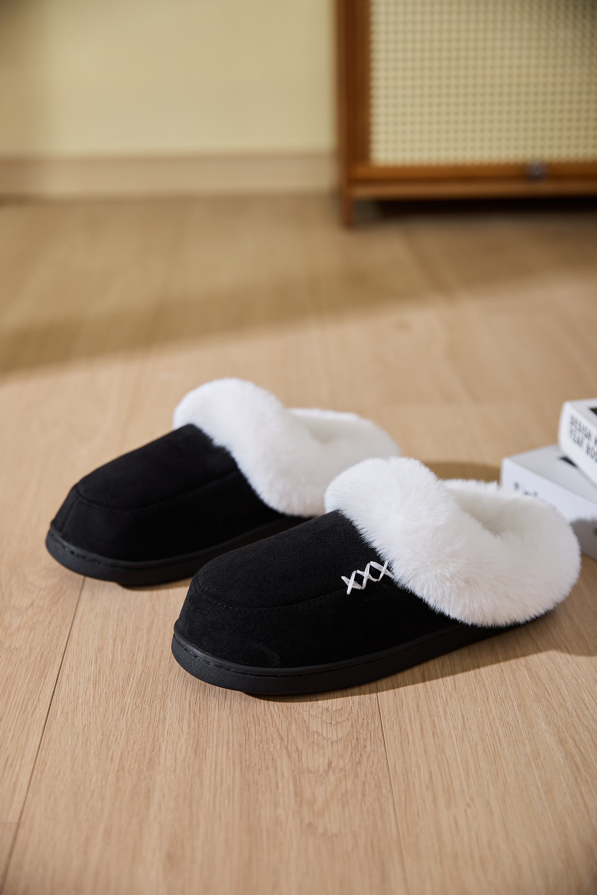 Fluff Trim Round Toe Flat Slippers-SLIPPERS-[Adult]-[Female]-2022 Online Blue Zone Planet