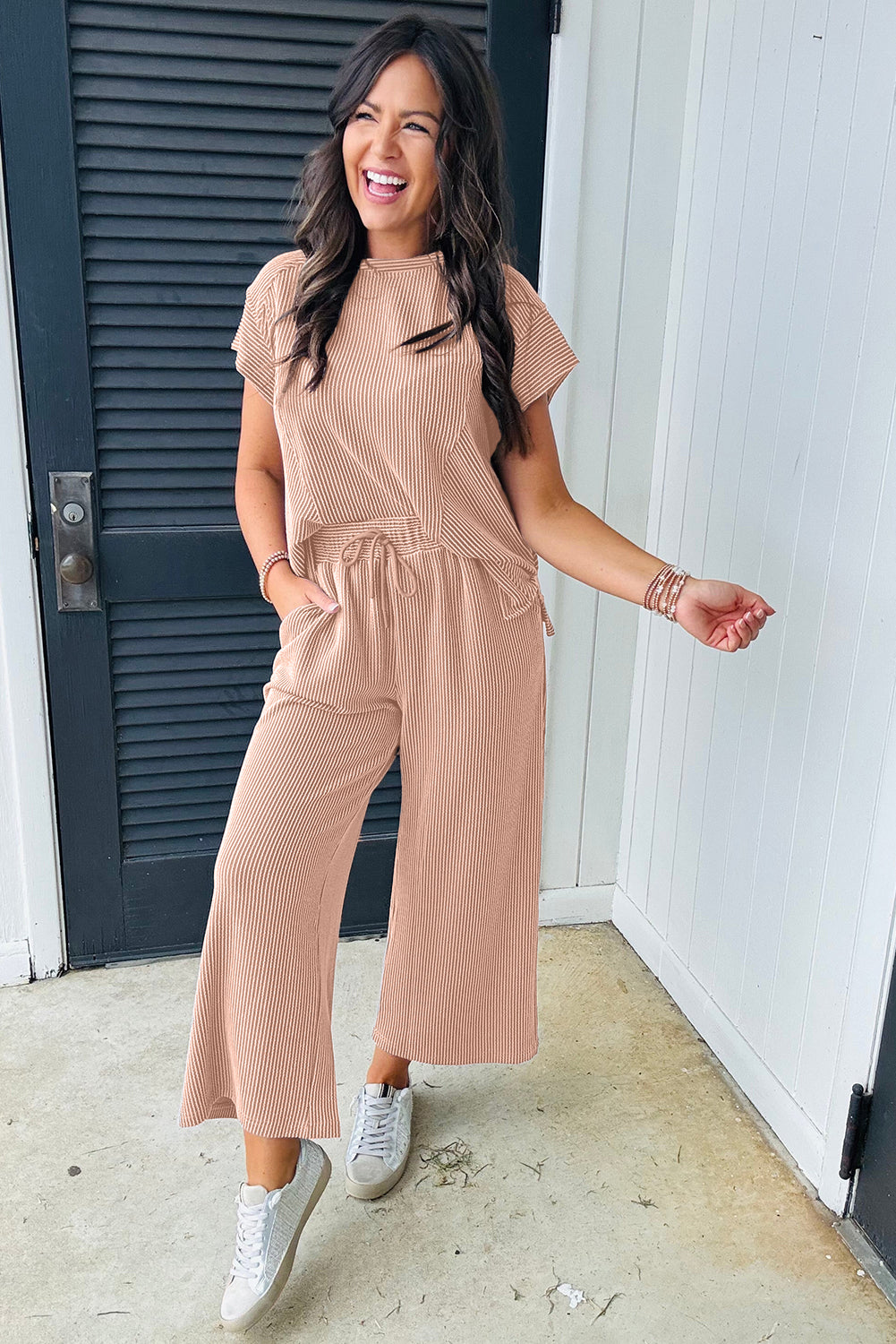 Wild Wind Solid Corded Short Sleeve T Shirt and Wide Leg Pants Set-Two Piece Pants Sets-[Adult]-[Female]-2022 Online Blue Zone Planet