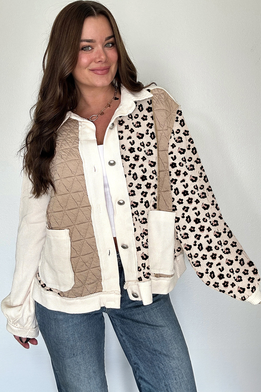 Khaki Leopard Waffle Quilted Patchwork Button Front Jacket-Outerwear/Jackets-[Adult]-[Female]-2022 Online Blue Zone Planet