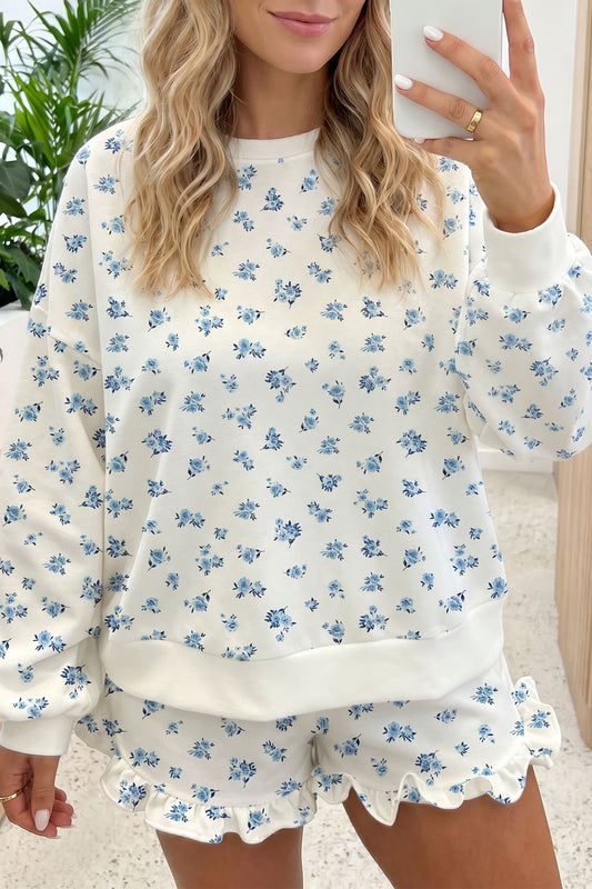 Sky Blue Floral Print Long Sleeve Top Elastic Waist Ruffle Hem Shorts 2pcs Set-Two Piece Sets/Short Sets-[Adult]-[Female]-Sky Blue-S-2022 Online Blue Zone Planet