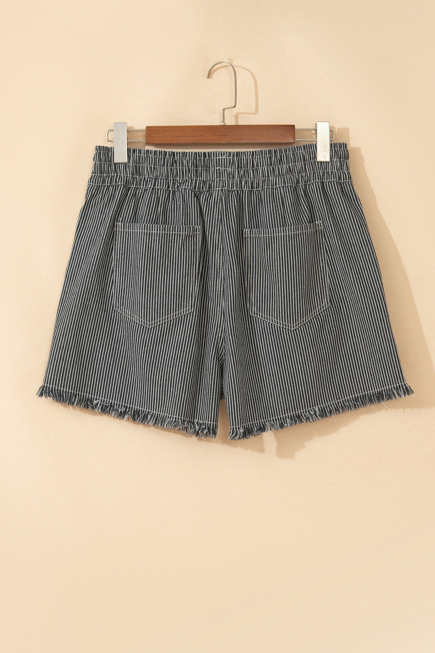 Black Stripe Raw Edge Drawstring Elastic Waist Casual Denim Shorts-Bottoms/Denim Shorts-[Adult]-[Female]-2022 Online Blue Zone Planet