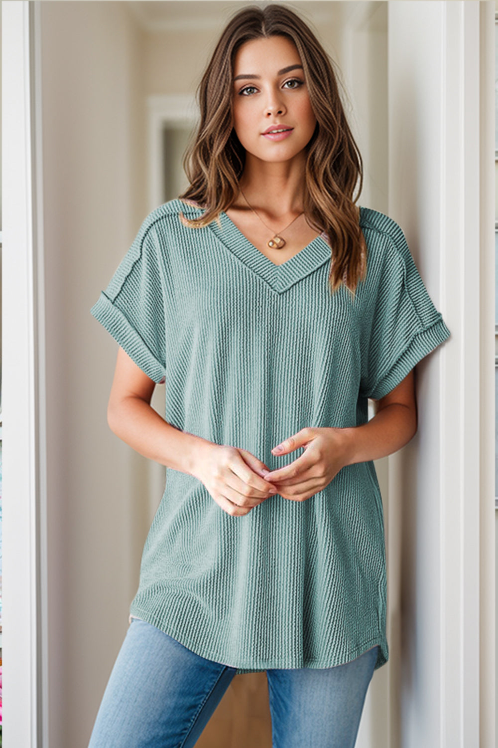 Textured V-Neck Short Sleeve Top-TOPS / DRESSES-[Adult]-[Female]-2022 Online Blue Zone Planet