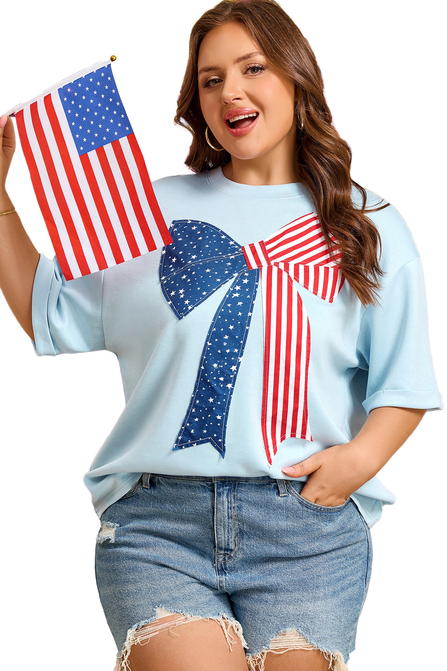 Beau Blue Plus Size Patriotic Bow Patchwork Graphic T-Shirt-Plus Size/Plus Size Tops/Plus Size Tops & Tees-[Adult]-[Female]-2022 Online Blue Zone Planet