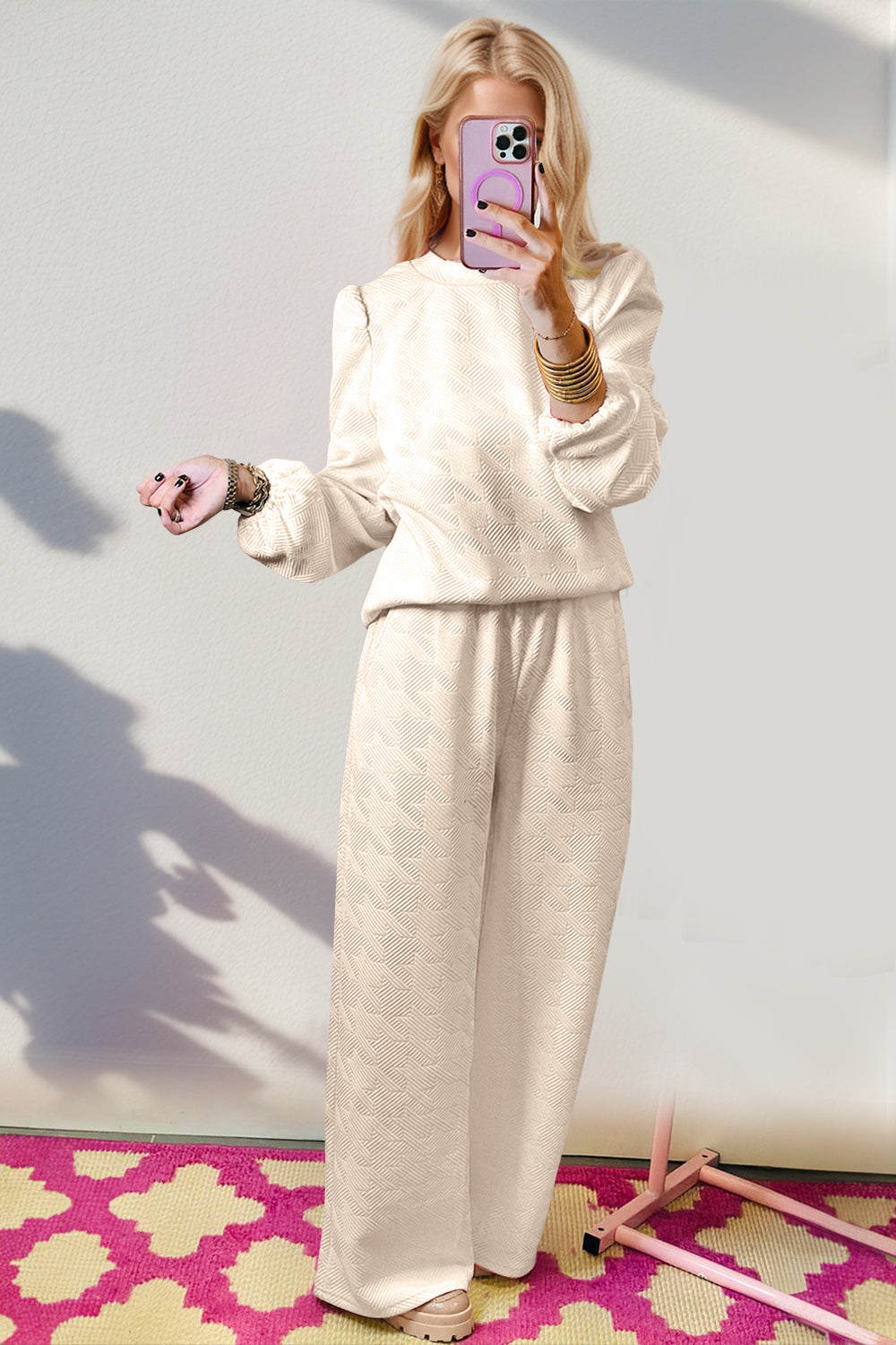 Blue Zone Planet | Double Take Texture Long Sleeve Top and Wide Leg Pants Set-TOPS / DRESSES-[Adult]-[Female]-Cream-S-2022 Online Blue Zone Planet