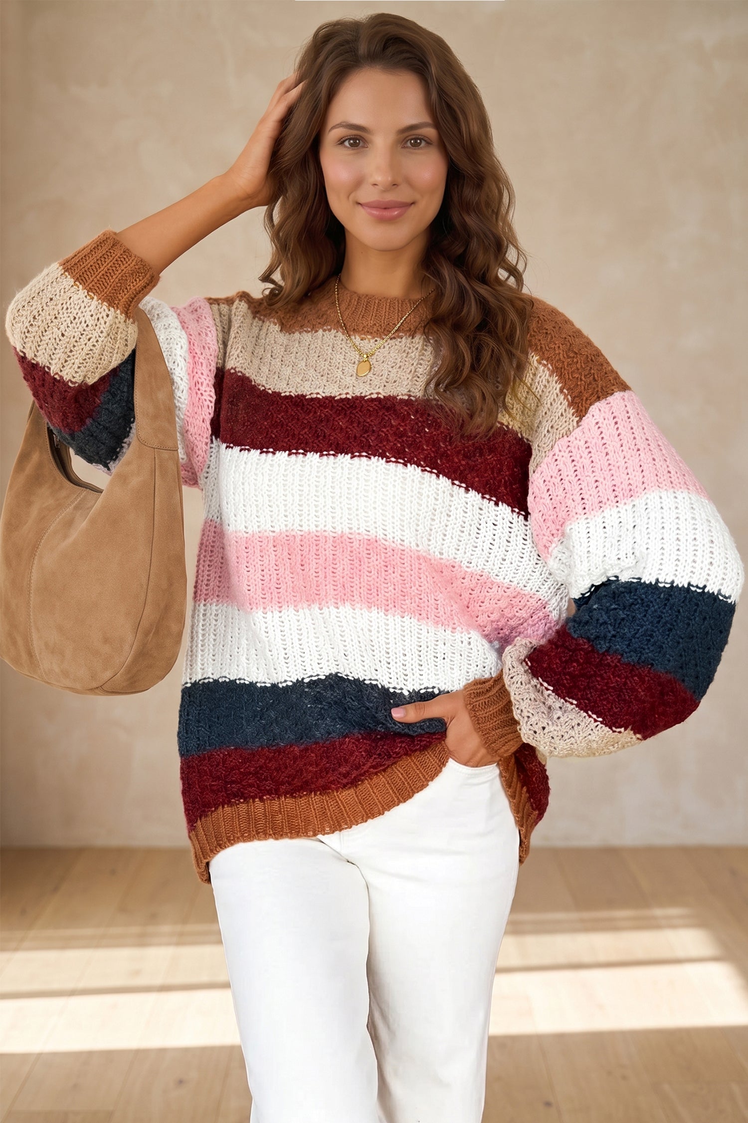 Multicolour Striped Knit Dropped Shoulder Round Neck Pullover Sweater-Sweaters & Cardigans/Sweaters-[Adult]-[Female]-2022 Online Blue Zone Planet