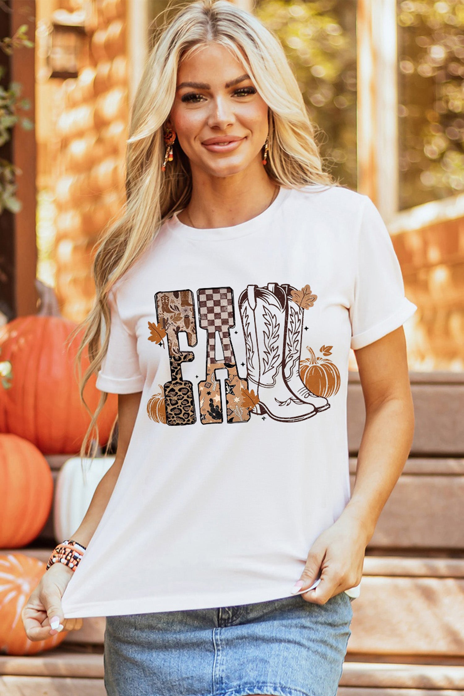 White FALL Letter Print Western Thanksgiving Graphic T-Shirt-Graphic/Graphic Tees-[Adult]-[Female]-2022 Online Blue Zone Planet