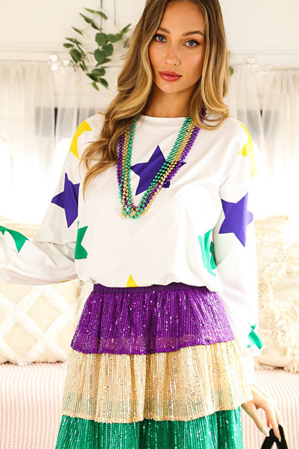 White Mardi Gras Star Printed Long Sleeve Top-Tops/Long Sleeve Tops-[Adult]-[Female]-2022 Online Blue Zone Planet
