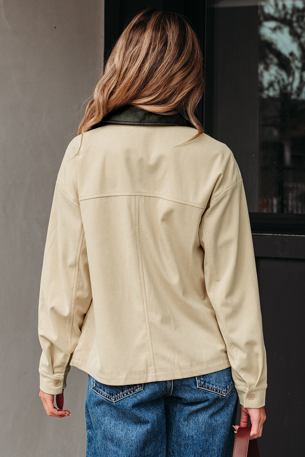 Parchment Contrast Leather Collar Textured Zip Up Jacket-Outerwear/Jackets-[Adult]-[Female]-2022 Online Blue Zone Planet