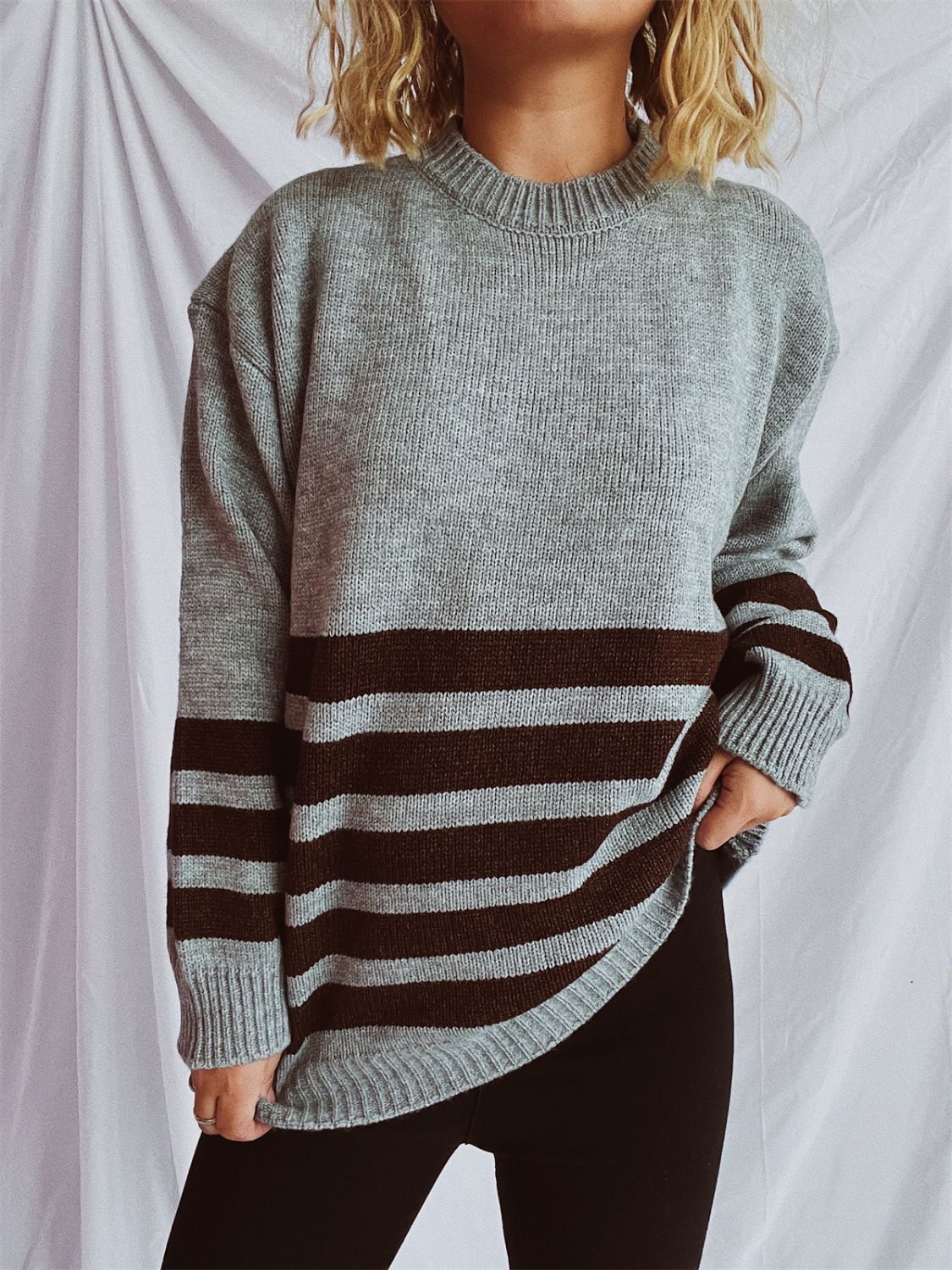 Striped Dropped Shoulder Long Sleeve Sweater-TOPS / DRESSES-[Adult]-[Female]-Dark Gray-One Size-2022 Online Blue Zone Planet