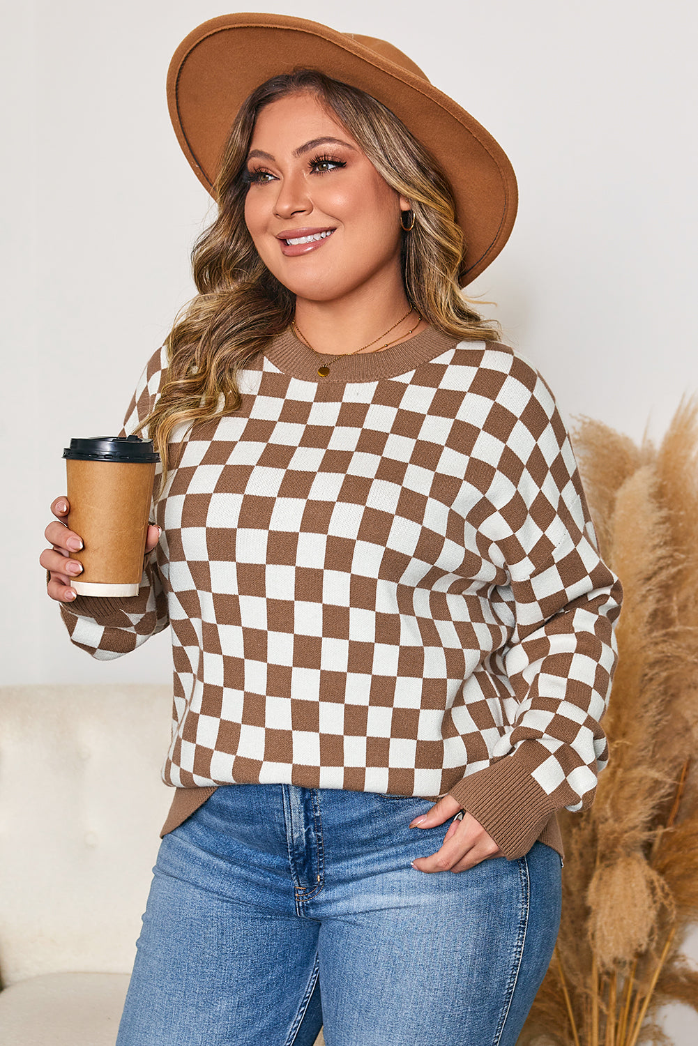 Brown Checkered Contrast Edge Crewneck Plus Size Sweater-TOPS / DRESSES-[Adult]-[Female]-2022 Online Blue Zone Planet