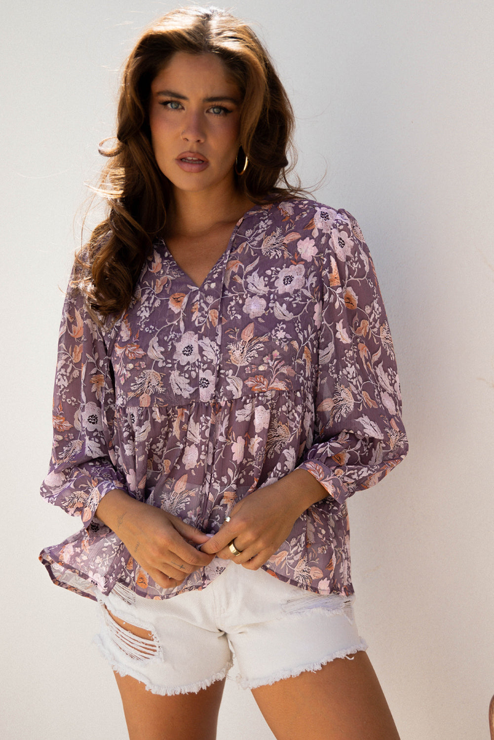 Blue Boho Flower Print 3/4 Sleeve Babydoll Blouse-Tops/Blouses & Shirts-[Adult]-[Female]-2022 Online Blue Zone Planet