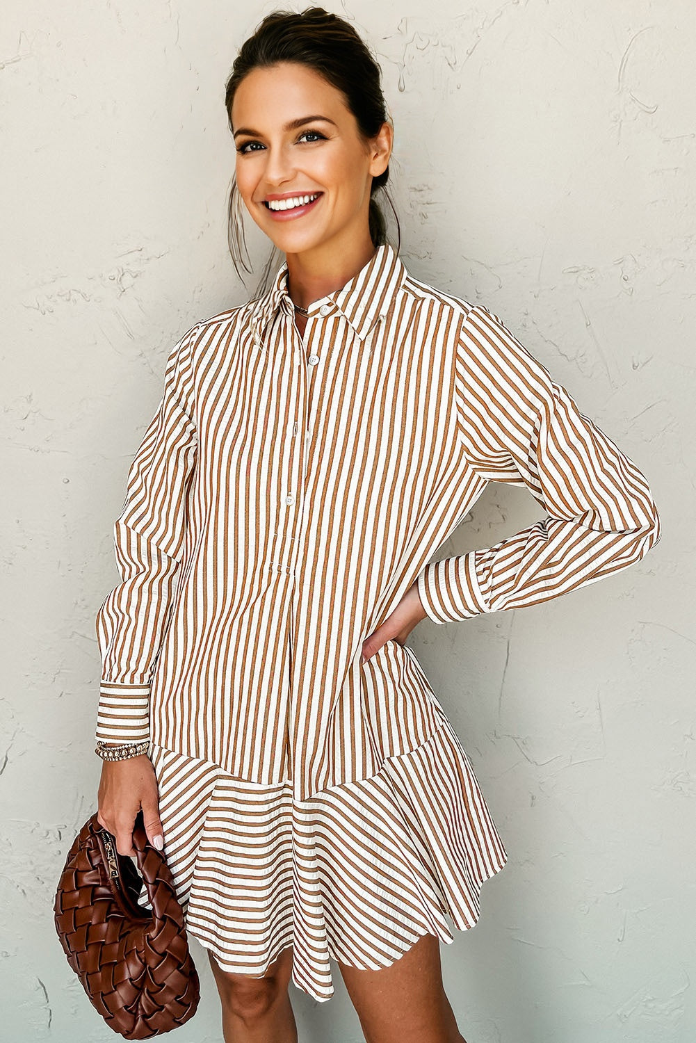 Brown Stripe Ruffled Hem Collared Long Sleeve Shirt Mini Dress-TOPS / DRESSES-[Adult]-[Female]-2022 Online Blue Zone Planet