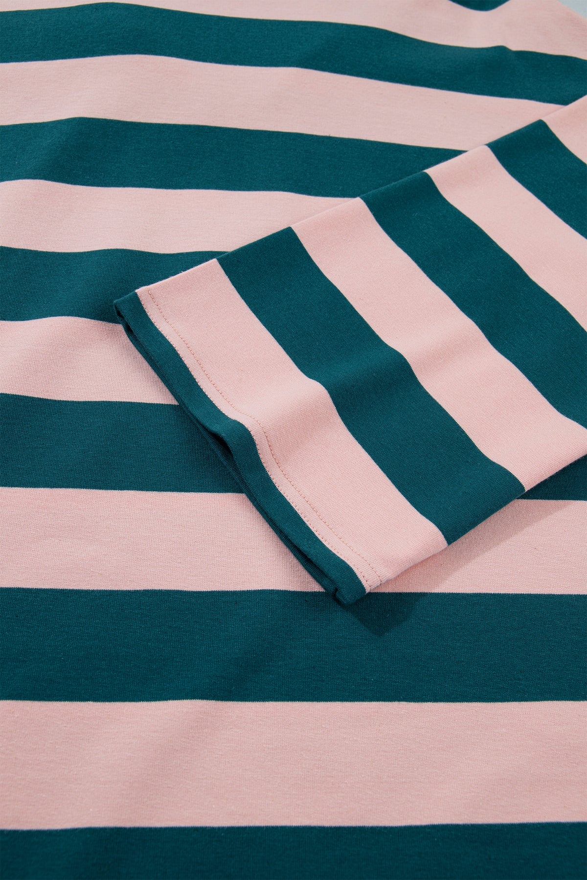 Green Stripe Quarter-Zip Metal Zipper Cover Stitch Hem Top-Tops/Long Sleeve Tops-[Adult]-[Female]-2022 Online Blue Zone Planet