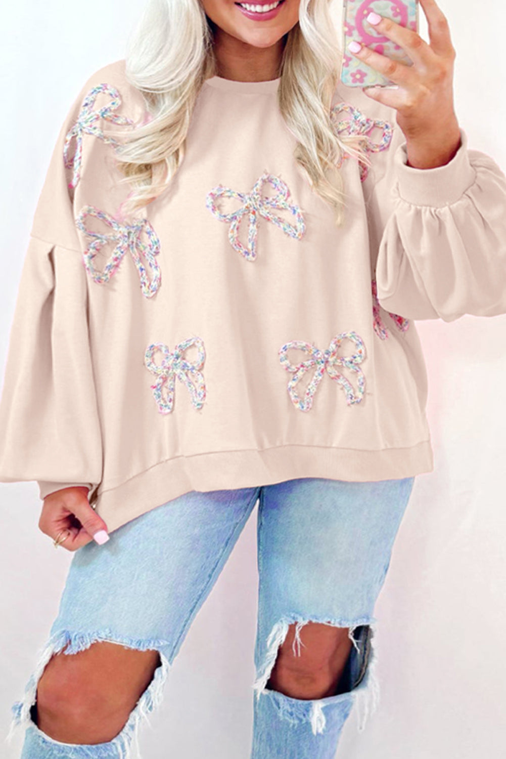 Blue Zone Planet | Light Pink Embroidered Bow Lantern Sleeve Oversized Pullover Sweatshirt-Tops/Sweatshirts & Hoodies-[Adult]-[Female]-2022 Online Blue Zone Planet