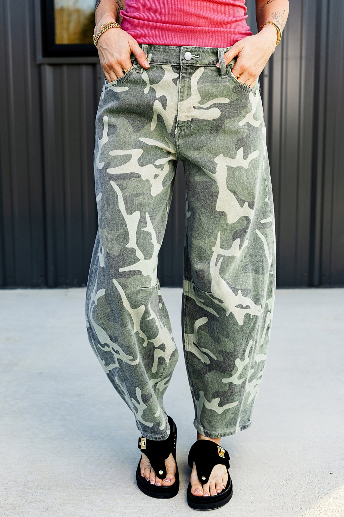 Green Camo Print Button Fly Straight Leg Ankle Length Jeans