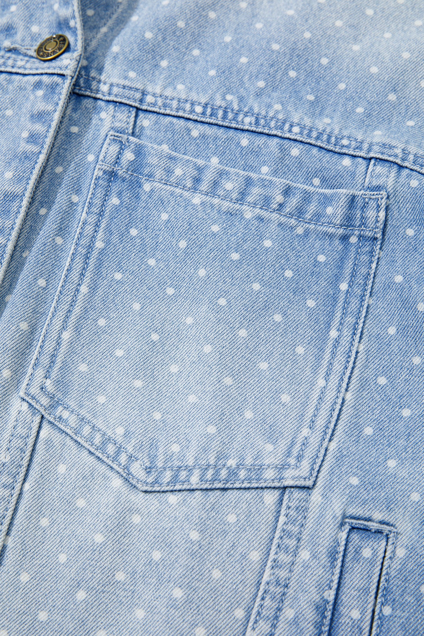 Sky Blue Polka Dot Long Sleeve Collar Pocket Casual Shift Silhouette Denim Jacket-Outerwear/Denim jackets-[Adult]-[Female]-2022 Online Blue Zone Planet