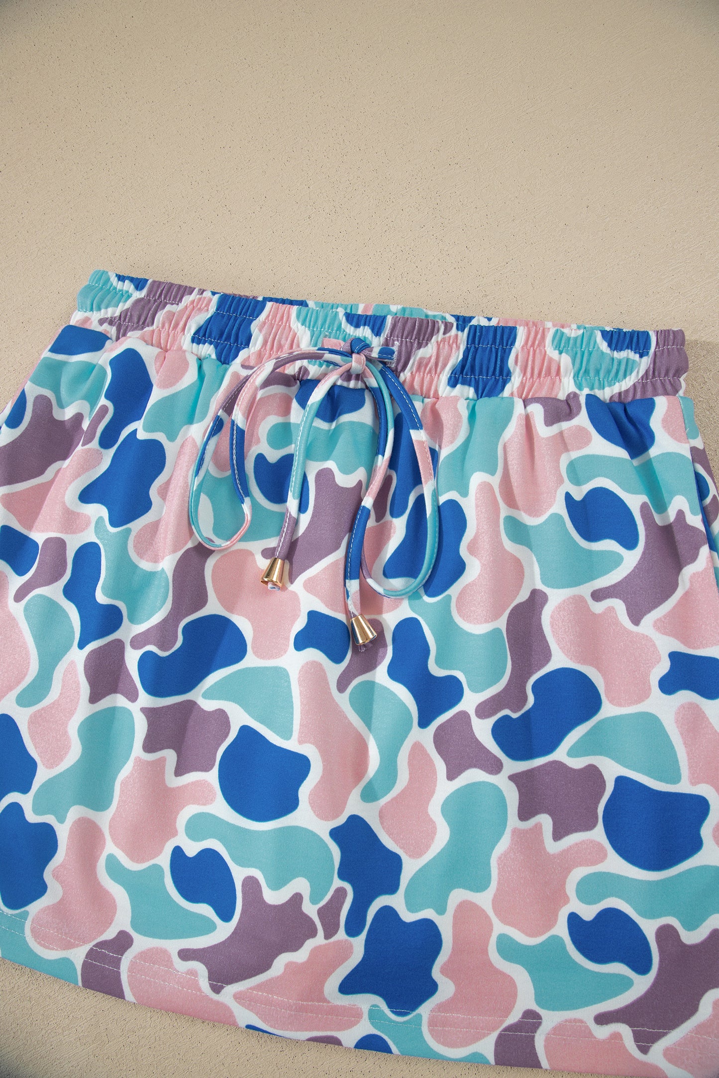 Sky Blue Abstract Camo Elastic Waist Drawstring Mini Skort-Bottoms/Skirts & Petticoat-[Adult]-[Female]-2022 Online Blue Zone Planet