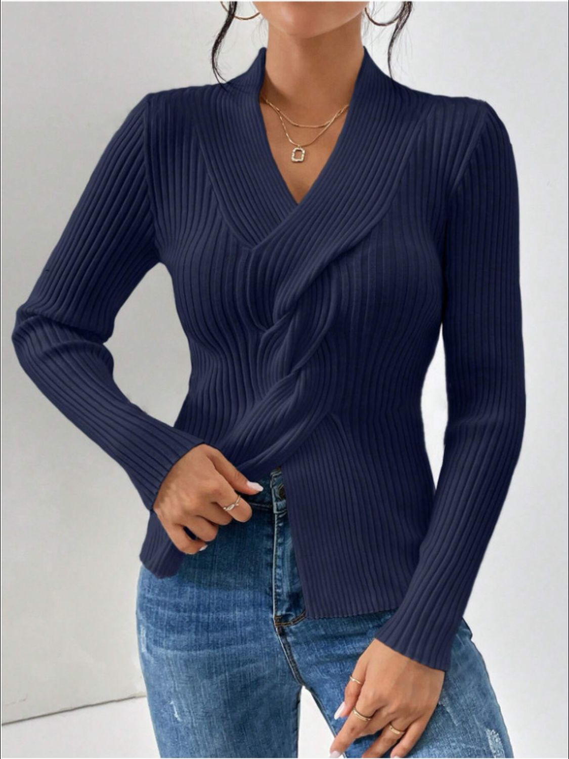 Twist Front Ribbed Long Sleeve Sweater-TOPS / DRESSES-[Adult]-[Female]-Dark Blue-S-2022 Online Blue Zone Planet