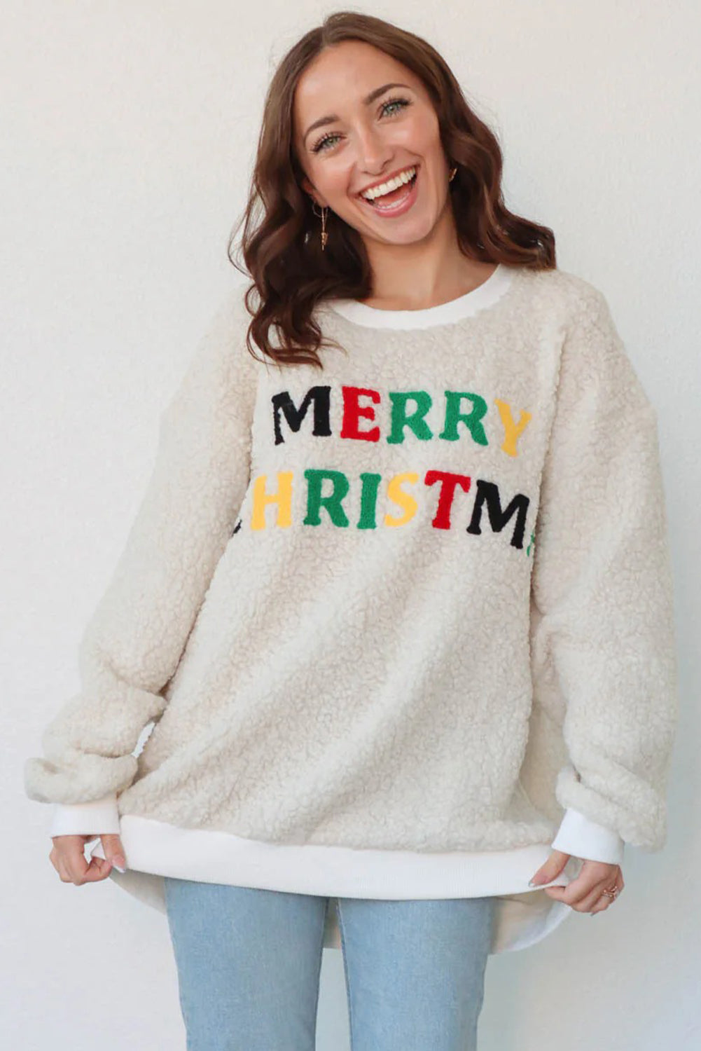 White MERRY CHRISTMAS Multicolor Embroidered Sherpa Pullover Sweatshirt-Tops/Sweatshirts & Hoodies-[Adult]-[Female]-2022 Online Blue Zone Planet