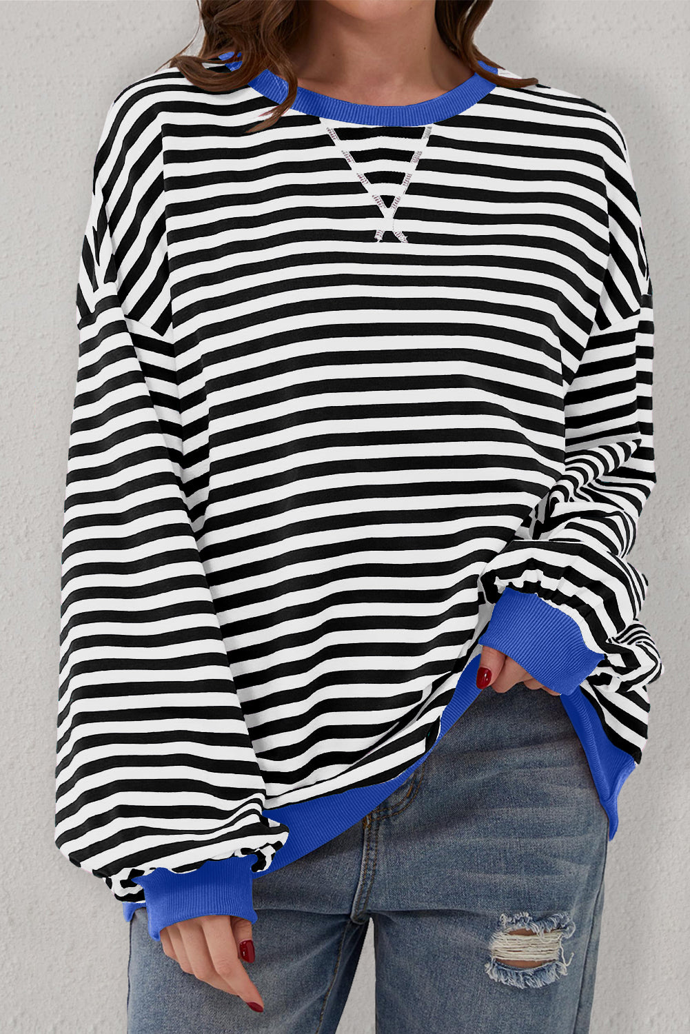 Sky Blue Stripe Oversized Contrast Trim Pullover Sweatshirt-Tops/Sweatshirts & Hoodies-[Adult]-[Female]-2022 Online Blue Zone Planet