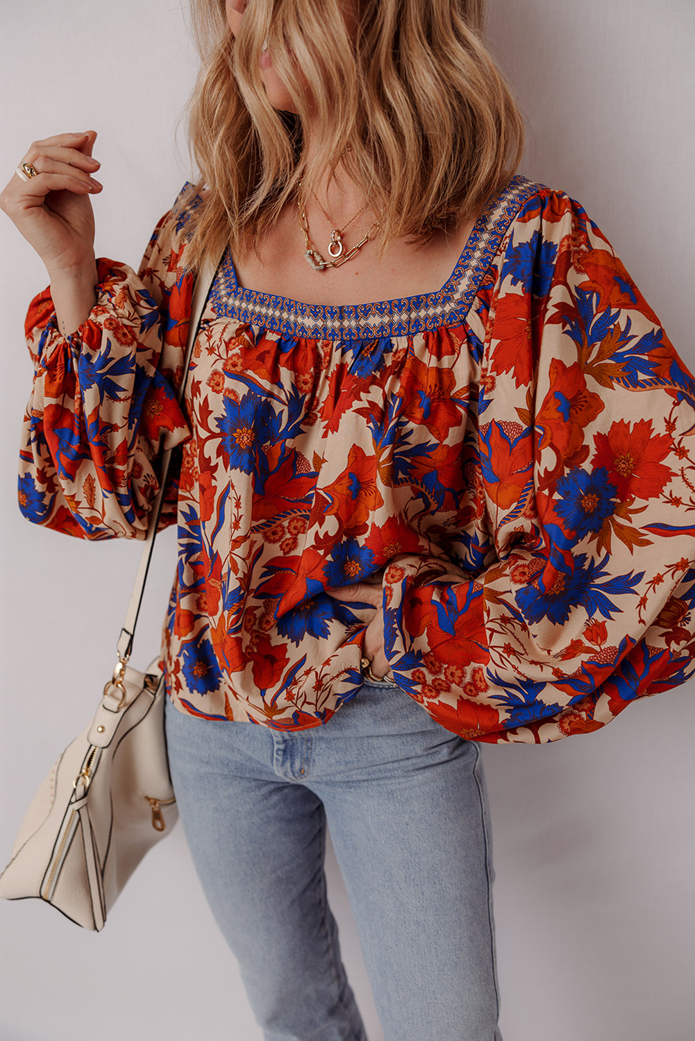 Multicolour Floral Print Square Neck Backless Loose Fit Blouse-Tops/Blouses & Shirts-[Adult]-[Female]-2022 Online Blue Zone Planet