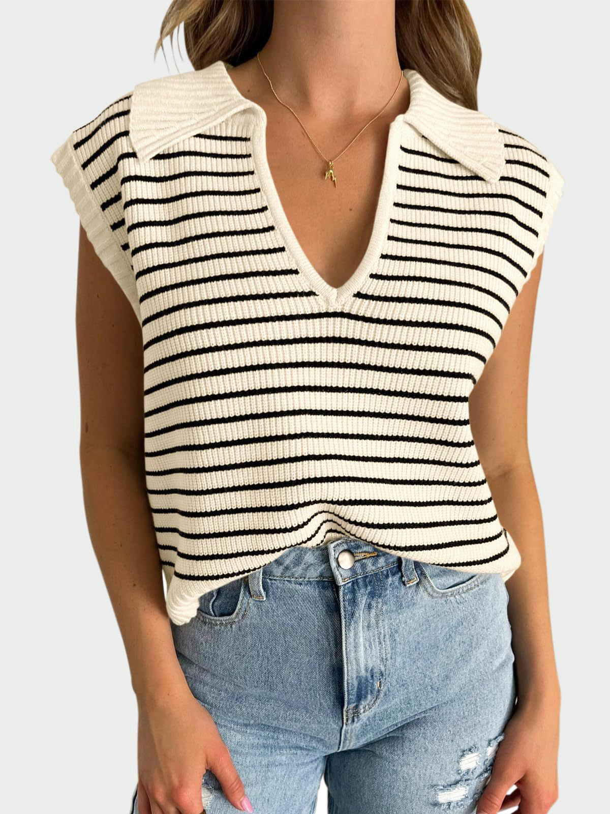 Blue Zone Planet | Mandy Collared Neck Striped Sweater Vest-TOPS / DRESSES-[Adult]-[Female]-Pastel Yellow-S-2022 Online Blue Zone Planet