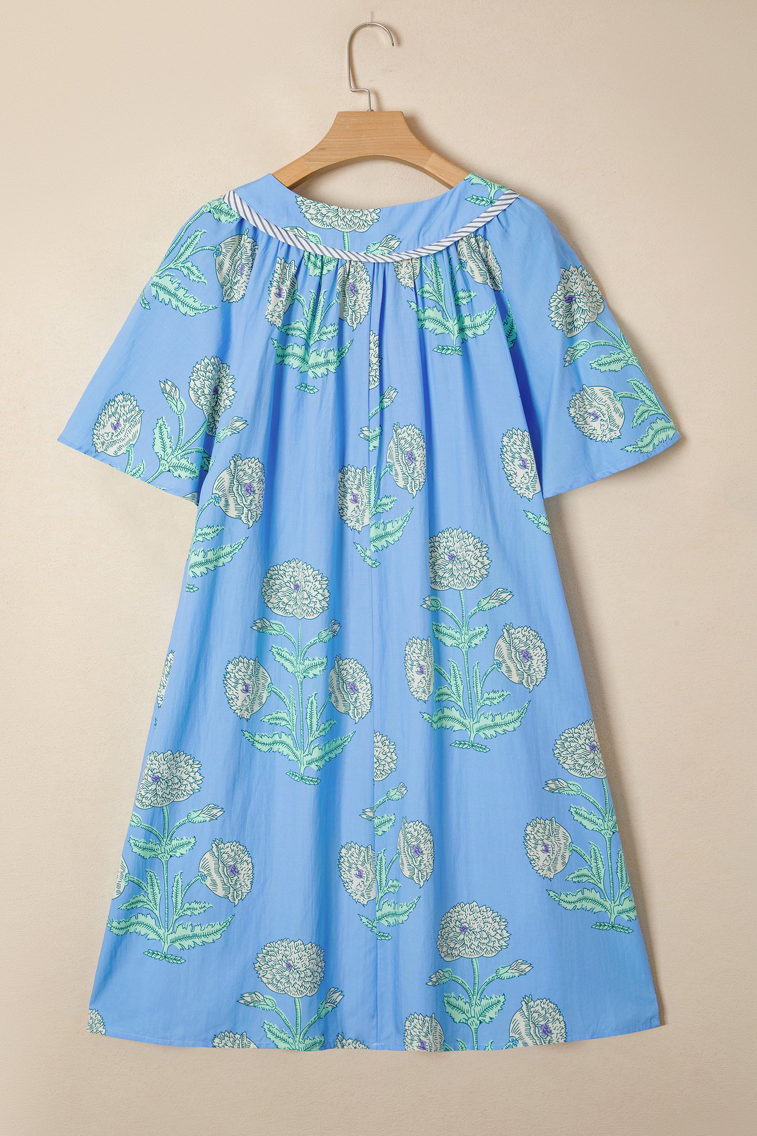 Sky Blue Plus Periwinkle Floral Printed Short Sleeve Striped Trim Split Neck Mini Dress-TOPS / DRESSES-[Adult]-[Female]-2022 Online Blue Zone Planet