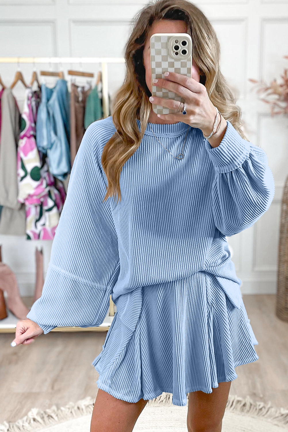 Sky Blue Corded Lantern Sleeve Pullover Ruffle Mini Skirt Set-Two Piece Skirt Sets-[Adult]-[Female]-2022 Online Blue Zone Planet