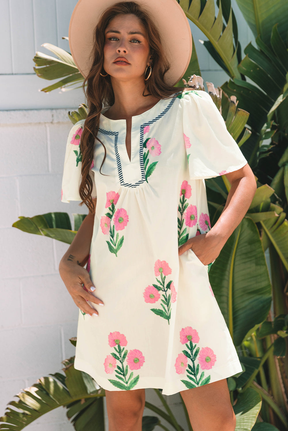 Apricot Floral Short Sleeve Split Neck Loose Mini Dress-TOPS / DRESSES-[Adult]-[Female]-2022 Online Blue Zone Planet