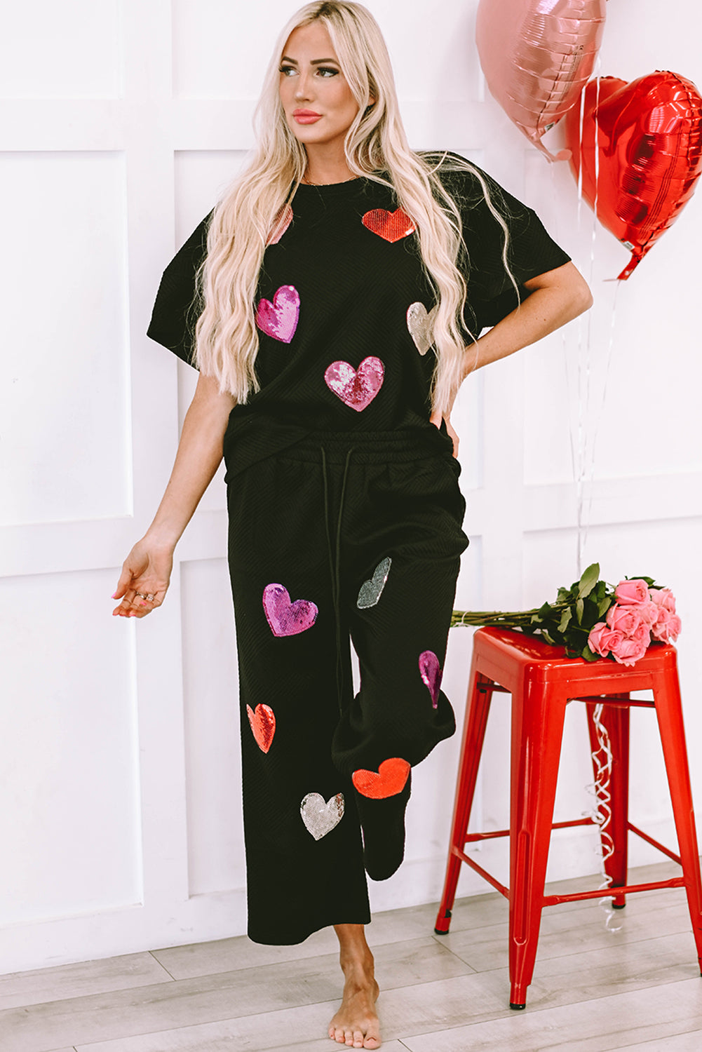 Black Sequin Heart Popping Graphic Textured 2pcs Outfit-Graphic/Graphic Sets-[Adult]-[Female]-Black-S-2022 Online Blue Zone Planet