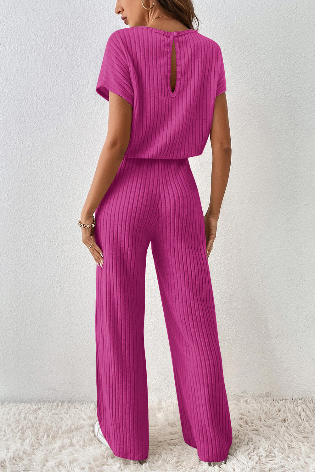 Rose Red Solid Color Ribbed Short Sleeve Wide Leg Jumpsuit Blue Zone Planet