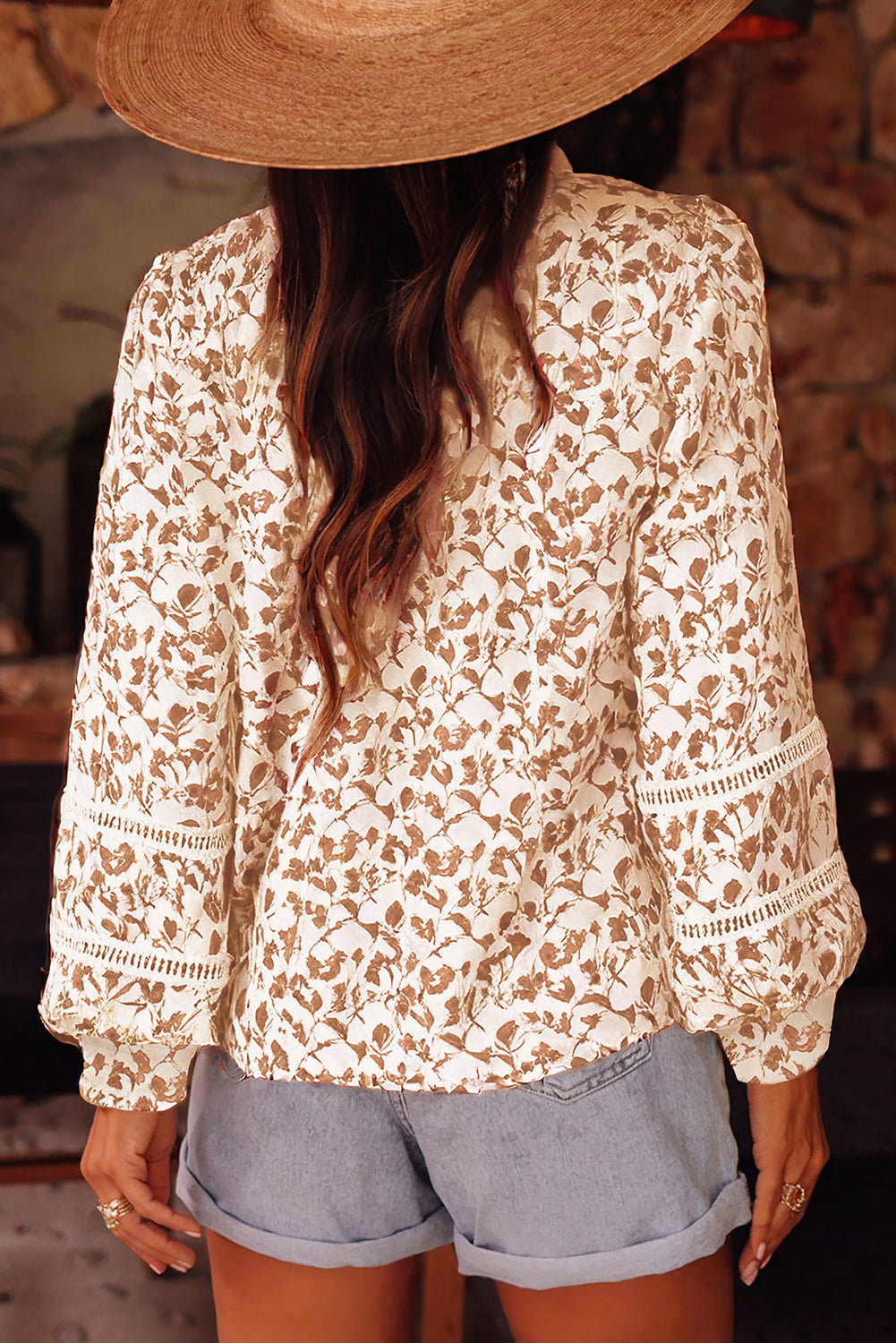 Khaki Printed Lace Detail Floral Puff Sleeve Fall Shirt-Tops/Blouses & Shirts-[Adult]-[Female]-2022 Online Blue Zone Planet