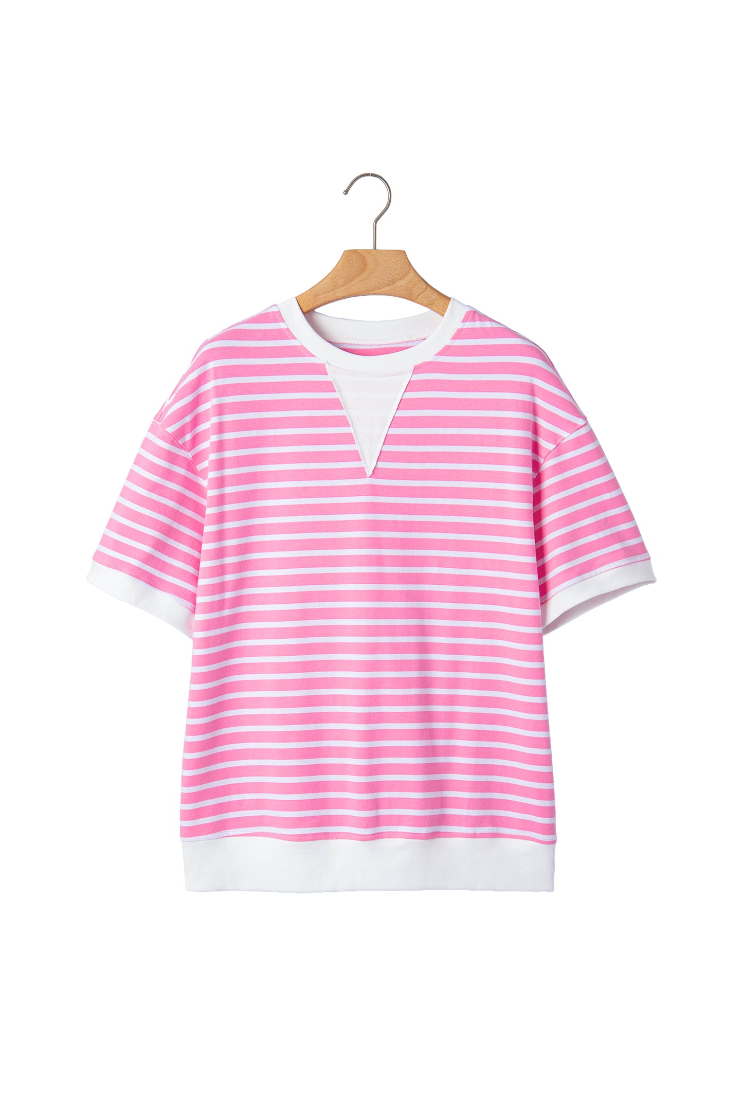 Pink Stripe Round Neck Drop Shoulder Short Sleeve Loose Top-Tops/Tops & Tees-[Adult]-[Female]-2022 Online Blue Zone Planet