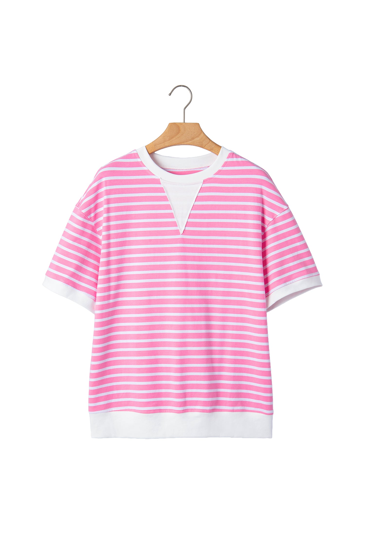 Pink Stripe Round Neck Drop Shoulder Short Sleeve Loose Top-Tops/Tops & Tees-[Adult]-[Female]-2022 Online Blue Zone Planet