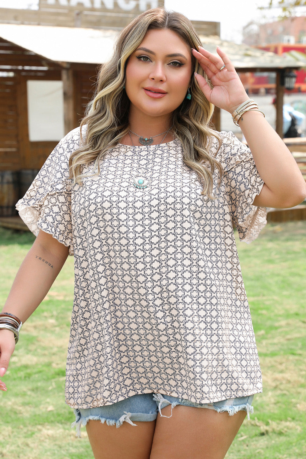Khaki Plus Size Geometric Print Ruffled Sleeve Blouse-Plus Size/Plus Size Tops/Plus Size Blouses & Shirts-[Adult]-[Female]-2022 Online Blue Zone Planet
