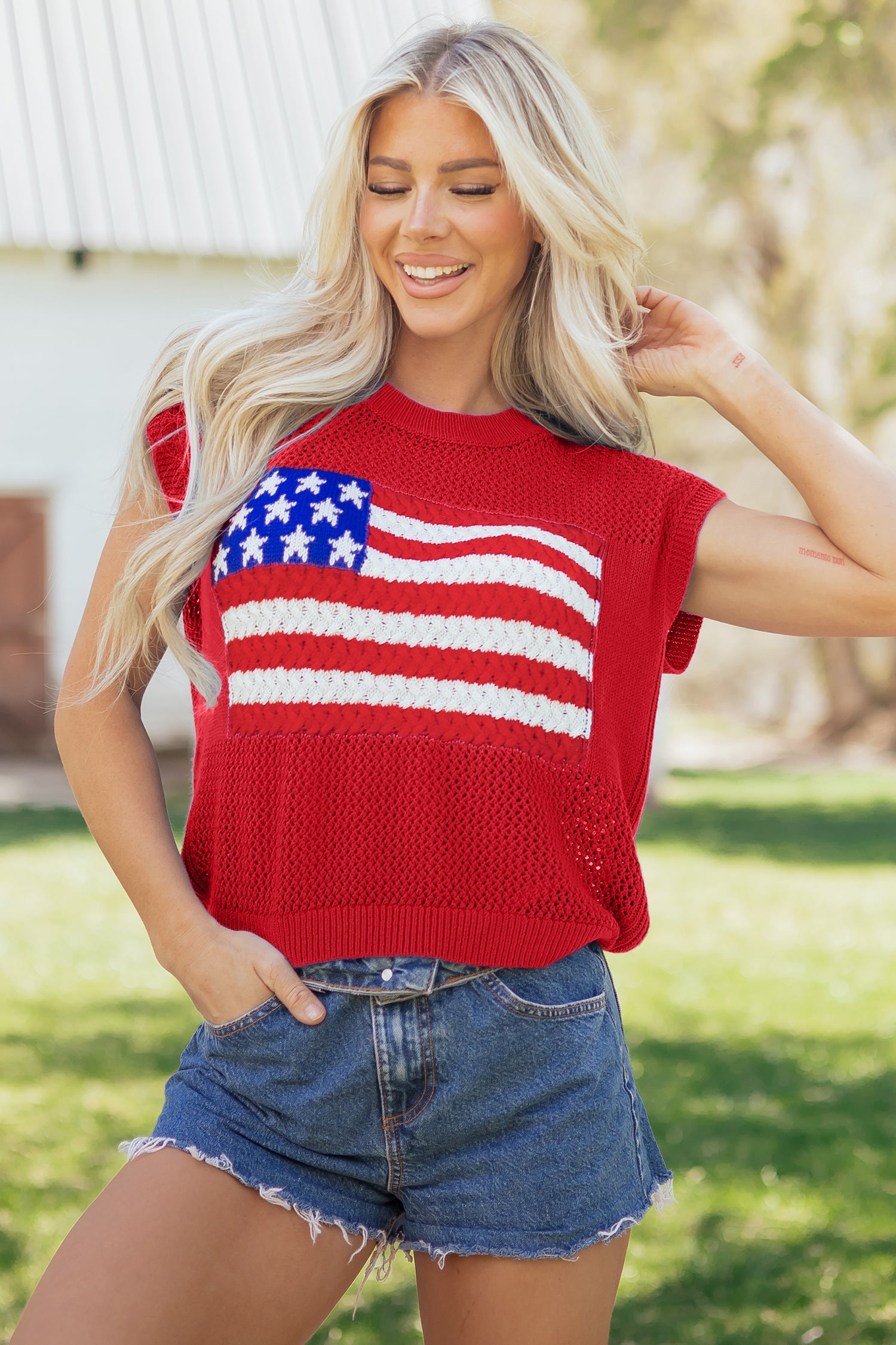 Sky Blue Flag Graphic Short Sleeve Sweater Top-TOPS / DRESSES-[Adult]-[Female]-2022 Online Blue Zone Planet