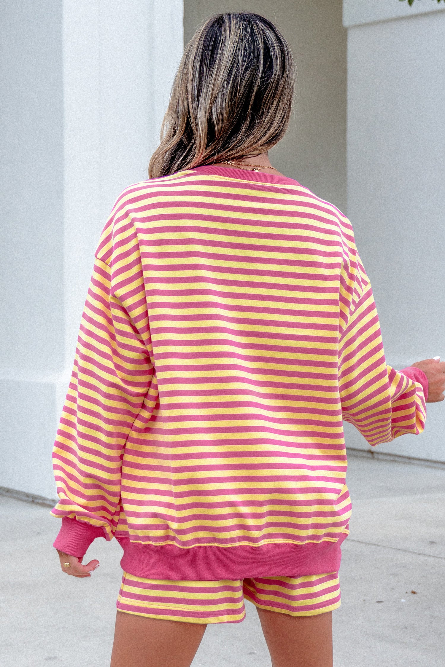 Yellow Stripe Color Block Trim Round Neck Long Sleeve Top Casual Shorts 2pcs Set-Two Piece Sets/Short Sets-[Adult]-[Female]-2022 Online Blue Zone Planet