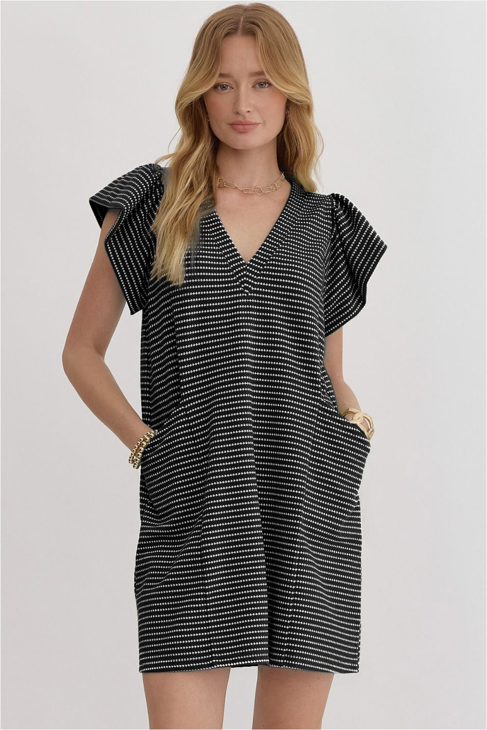 Black Stripe Textured Knit V Neck Flutter Sleeve Shift Mini Dress-Dresses/Mini Dresses-[Adult]-[Female]-2022 Online Blue Zone Planet